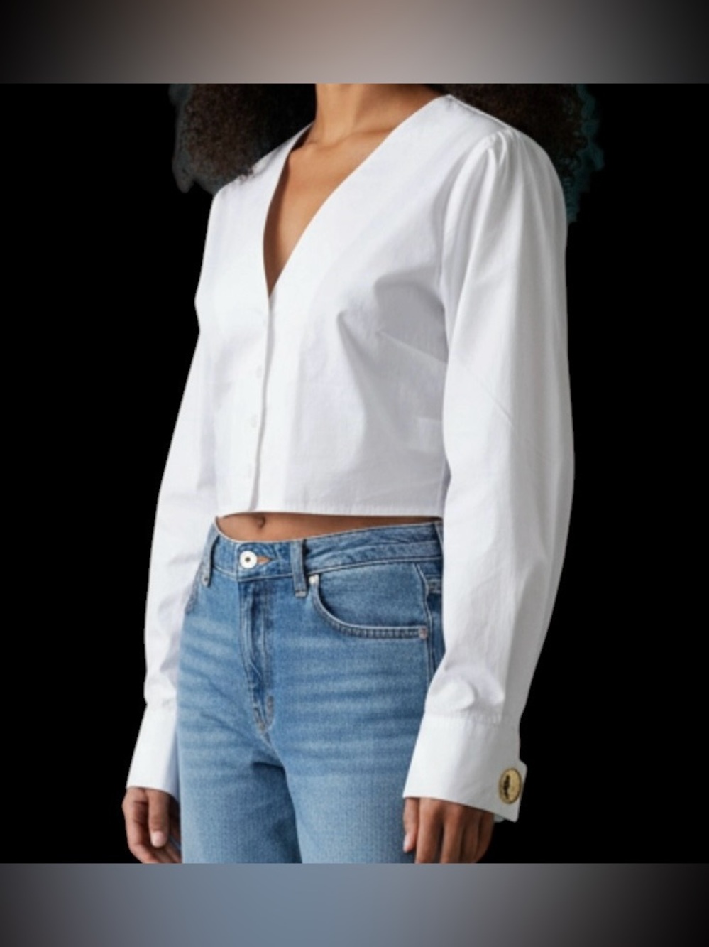 J.O.A. White V-Neck Cropped Button Front Blouse